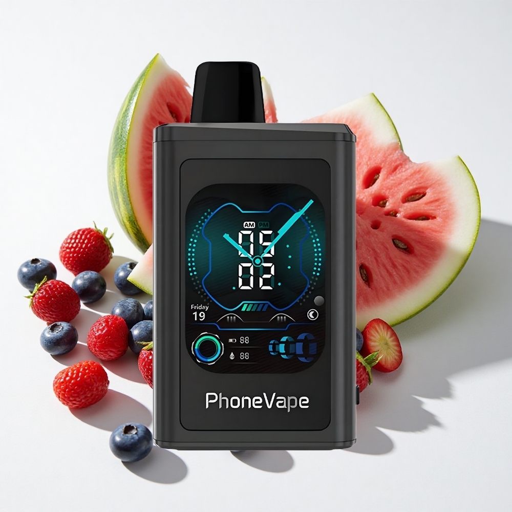JNR PhoneVape 30000 نفخة تبغ إلكتروني توت أزرق وبطيخ بطارية سعة البطارية 850 مللي أمبير شاشة كاملة