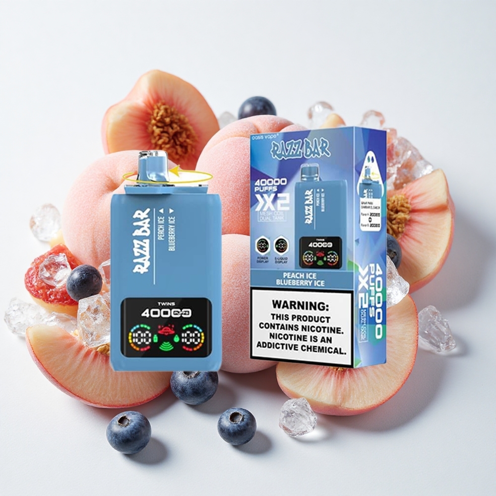 Razz Bar 40000 نَفثات نكهة الخوخ الجليدي والتوت الأزرق الجليدي شاشة عرض و650 مAh